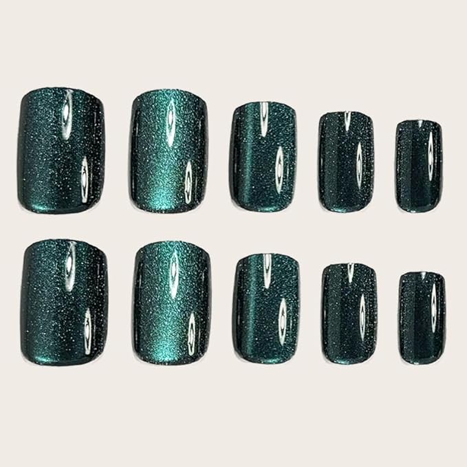Dark Blue Press on Nails Short Square Fake Nails Cat Eye False Nails Press ons Glossy Gradient Shiny Glitter Glue on Artificial Nails for Women Manicure Decoration 24pcs