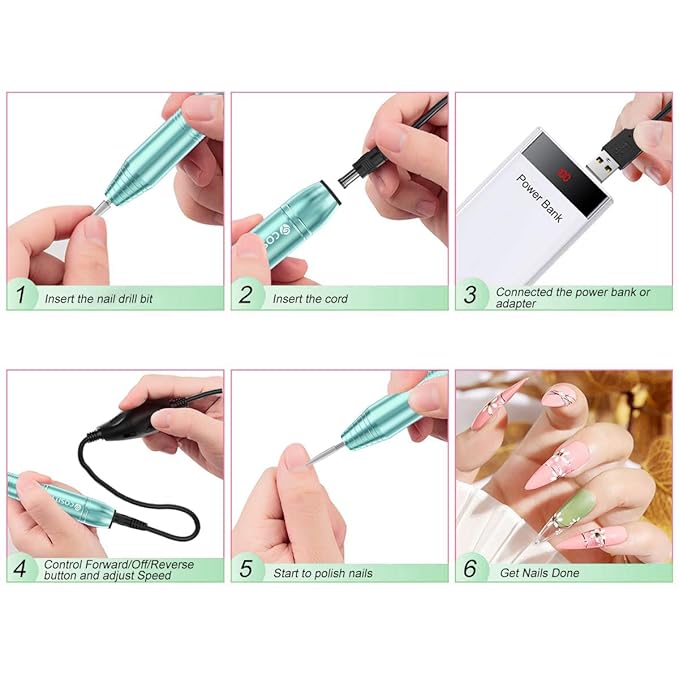 Electric Nail Drill,USB Electric Nail Drill Machine for Acrylic Nail Kit,Portable Electric Nail File Polishing Tool Manicure Pedicure Kit Efile Nail Supplies for Home Salon,Green