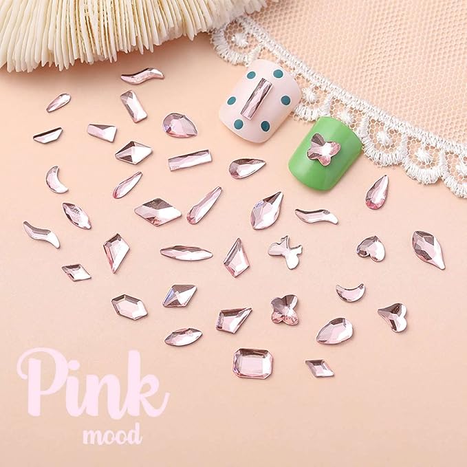 2052Pcs Pink Nail Rhinestones 12 Shapes Light Pink Rhinestones for Nails Flatback K9 Glass Gems Round Beads Stones Diamonds Crystals Nail Charms Art Supplies for Nails Face Eyes Makeup Crafts
