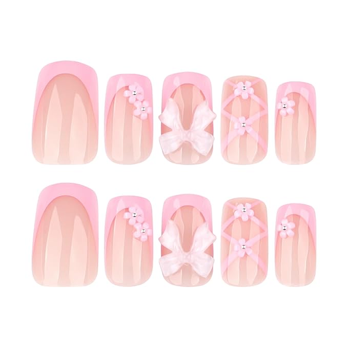 Medium Press on Square Nails - Pink French Tip Fake Nails with Flower Bow Design - Glossy Stick on False Nails for Women - 24 Pcs