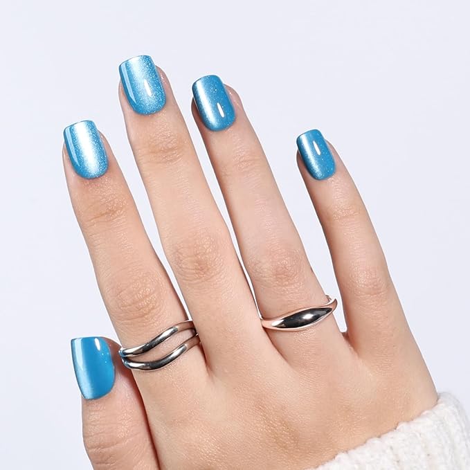 Blue Cat Eye Press On Nails - Short Square Press on Nails Ocean Blue Nails Press Ons for Women, Reusable Glossy Fake Nails Kit with Glue DIY Nails Short in 15 Sizes - 30pcs, Ocean Teal
