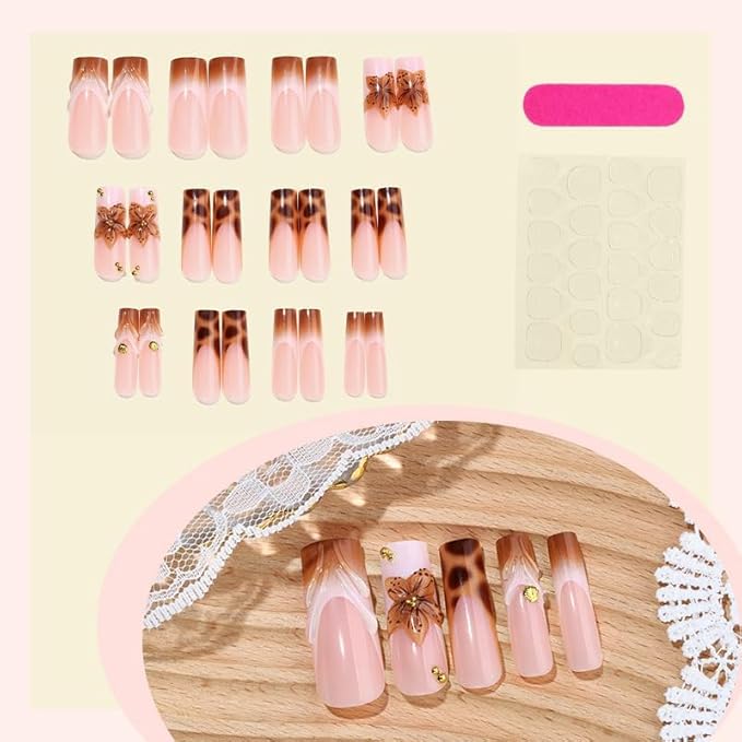 Square Press on Nails Long Brown Stick on Nail Tips 3D Embossed Flowers with GoldCharms Press on False Nails for Women 24pcs