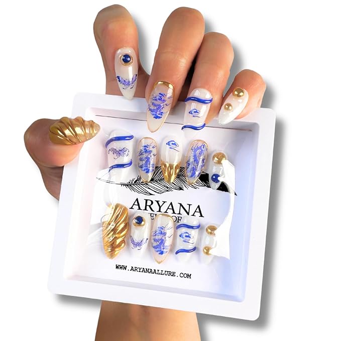 ARYANA NEW YORK Press On Nails - Handmade, Reusable, Luxury Almond Shape, Blue Dragon Chinese Pottery Collection - (Small)