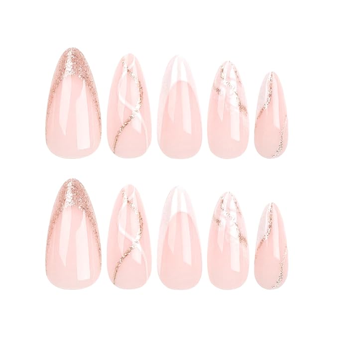 White French Tip Press on Nails Almond Medium Fake Nails False Nails with Design Glitter Swirl Glossy Full Cover Acrylic Glue on Nails Artificial Stick on Nail for Women Manicure 24Pcs
