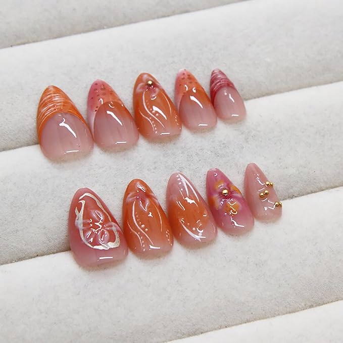 30Pcs Medium Almond French Tip Fake Nails with 3D Pink Flower Design, Glossy Pink Yellow Gradient, Acrylic, Full Cover, 24 Pcs