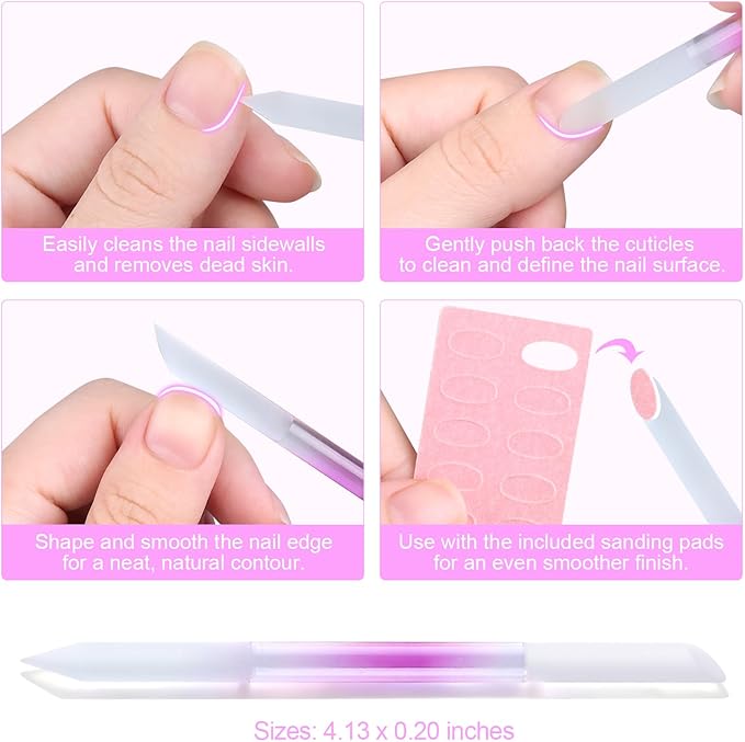Glass Nail File and Cuticle Pusher Set, Dual-Ended Crystal Cuticle Stick with Sanding Pads, Gentle Prep and Care Tools for Natural Nails, Home Manicure & Pedicure Salon Supplies (#1)