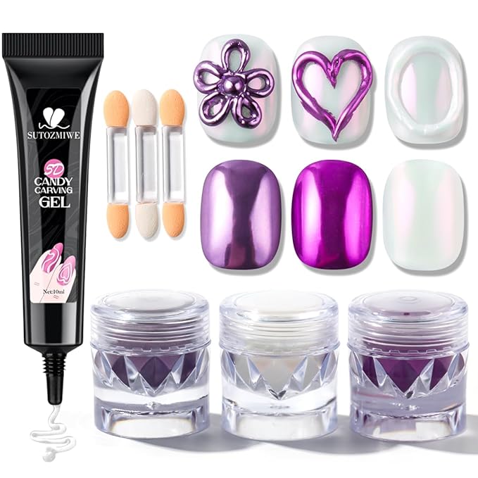 3D Nail Gel and Chrome Nail Powder Kit: 10g Sculpting Gel for Nail Art Metallic Mirror Effect Pigment Aurora Pearl Chrome Powder for Home DIY Salon Use (Purple)