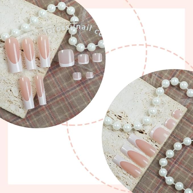 48Pcs White French Tips Press on Nails Nude Pink Press on Toenails Medium Long Square Glue on Nails with Designs Full Cover Skintones False Nails Glossy Summer Fake Toenails for Women DIY Manicure