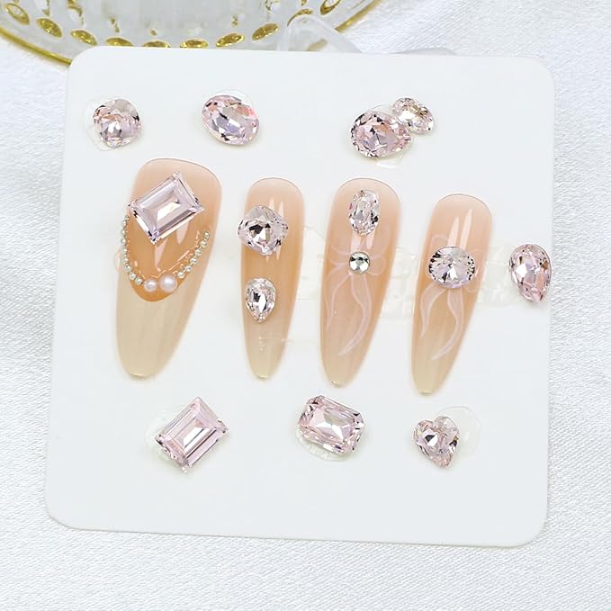 DONGZHOU 72pcs Mix Shape Nail Art Rhinestone,7 Styles Glass Nail Rhinestones Pointback Nail Gems Shiny 3D Nail Charms for Nail DIY Decorations Crafts,Pink