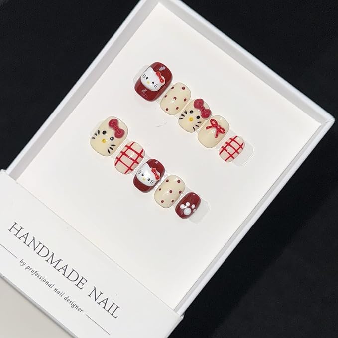 10Pcs(1Pack) Handmade Press On Nails 3D Flower Nails Cute Catoon Twinkly Nails for Women Party Holiday Daily Wear Size M