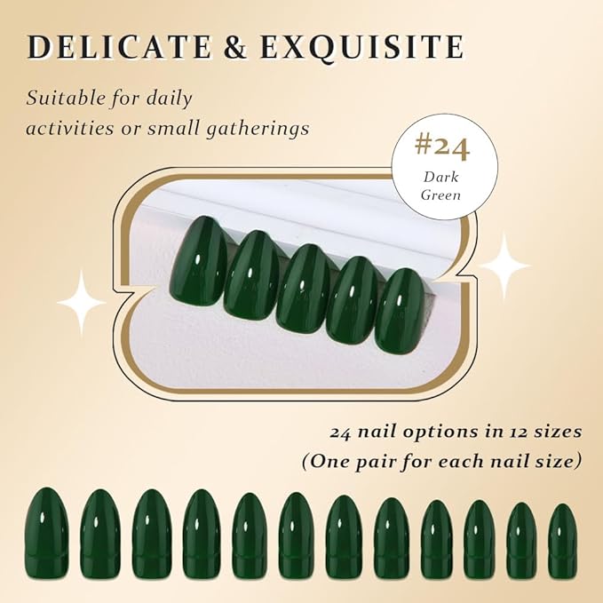 evpct Green Glossy Press on Nails Short Almond, Glossy Green Fake Nails False Nail Pure Color with Kit, Salon Quality Soft Gel Stick on Acrylic False Soft Nails Reusable Full Cover for Women Manicure