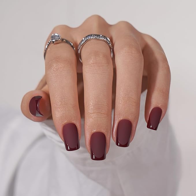 BTArtbox Press on Nails Short Square - Dark Red Nails with Glossy French Tips in a Matte Finish, Soft Gel Fake Nails Glue On Nails in 16 Sizes for for Valentine's Day Gift, Cozy Cocoa