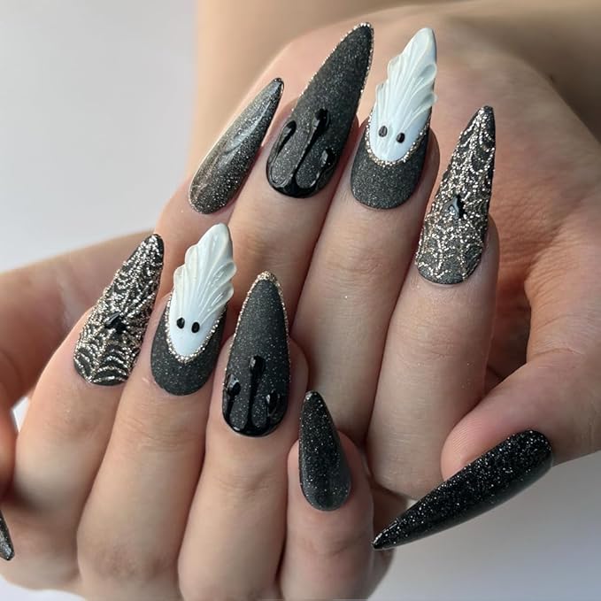 Halloween Press On Nails Handmade Long Stiletto Fake Nails, Apparition nails Sparkling Design press ons,10 Pcs Reusable Painting Fingernail Tip Salon Artificial Nails Kit (Size S）