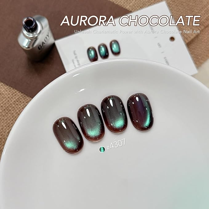 GAOY Brown Glassy Cat Eye Gel Nail Polish, 16ml Glitter Holographic Gel Polish with Magnet, Reflective Translucent UV Light Cure, 4307 Aurora Chocolate