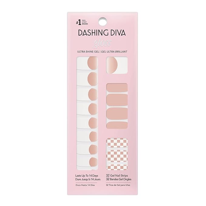 Dashing Diva Gloss Nail Strips - Check, Please - UV Free, Chip Resistant, Long Lasting Gel Stickers - Contains 32 Wraps, 1 Prep Pad, 1 File