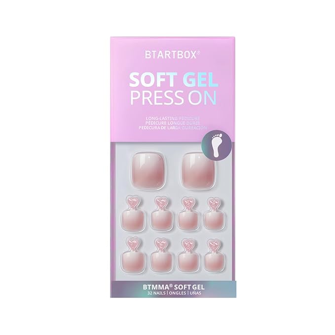 BTArtbox Press on Toenails Short, Pink Ombre Toenail Press Ons Square for Women, Light Weight & Fit Perfectly Press on Toe Nails with Glue, Fake Toenails in 16 Sizes- 32 Toenails Kit, Baby Boomer Pink