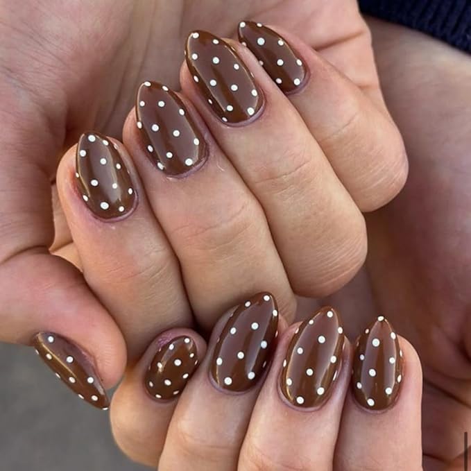 Polka Dot Press on Nails Short Almond Fake Nails Brown Nails Fall Winter False Nails Press ons with Polka Dots Design Glossy Acrylic Full Cover Reusable Stick on Nail for Women Girls Manicure 24Pcs