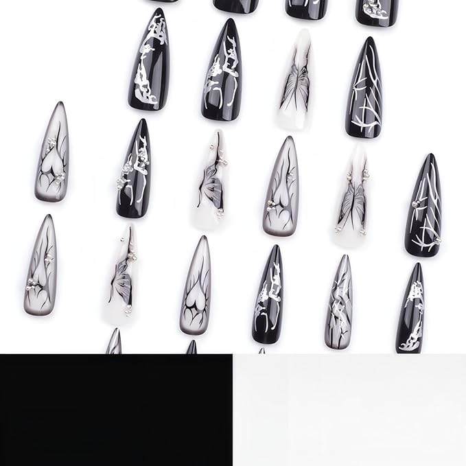 xl Black Press on Nails Long Almond Nails Press Ons Butterfly&Love Design False Nails Full Cover Arificial Glossy Fake Nails Gift for Womens 24pcs
