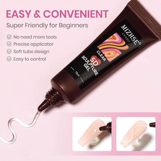 MIZHSE 5D Sculpting Gel for Nails, Clear 3D Nail Art 15g, Carving Molding Drawing Building Sculpture Gel for Design Decoration Soak Off Manicure Home DIY