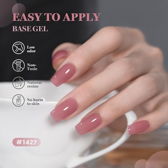 RARJSM Rosy Pink Fiber Glass Rubber Base Nude Sheer Jelly Glassy Amber Gel Nail Polish for Repair Broken Nails Strengthener Base Color Brush on Building Gel in a Bottle Curing Requires 15ml