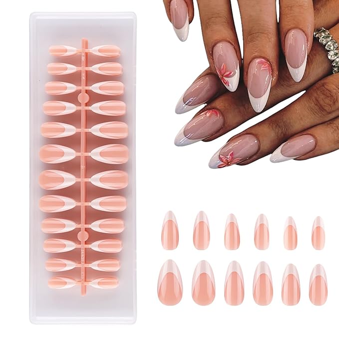 Lamemoria Pre-Design Geled Almond French Tip Press On Nails,Medium White French Nail Tips, Basic Salon Fake Nail Kit Set With Glue/Tabs/File, 240 PCS