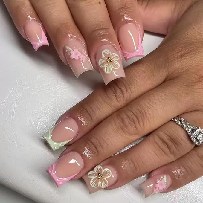 Square Press on Nails - Medium Fake Nails with Flower Design - Green, Pink French Tip False Nails Press ons - for Women 24 Pcs