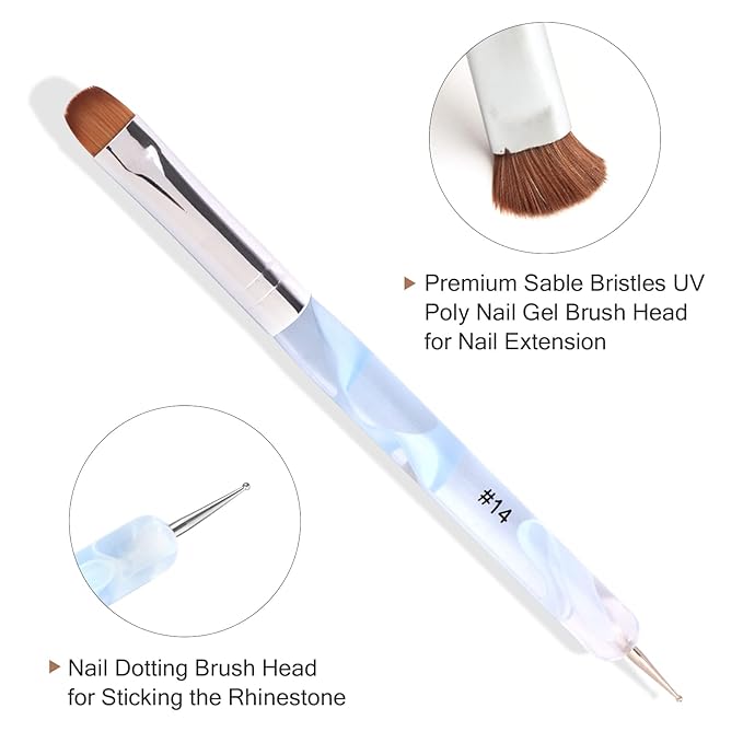French Manicure Two-Way Nail Art Brush With Dotting Tool for Cuticle Clean Up and Design - Professional Salon Quality (14#, Blue)