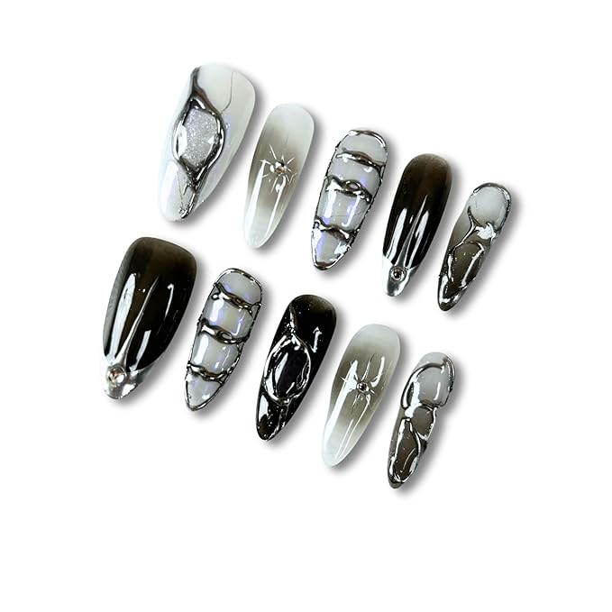 Handmade French Tip Press On Nails Long Stiletto,10 Pcs Pre Designed False Nails with 3D Charms, Reusable Salon Design Woman Nails for Wedding,Bridal, Party (040, L)