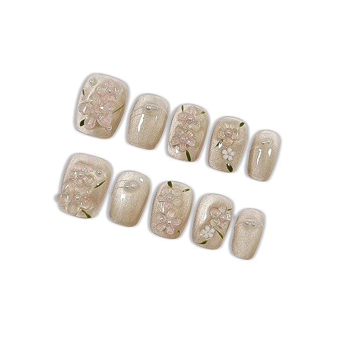 Press on Nails | Short Coffin Fake Nails with Cat Eye Design, 3D Floral & Pearl Accents, False Nails with Icy Tea Glossy Finish, Reusable Handmade Nails in Sweet Style for Women(Size M)