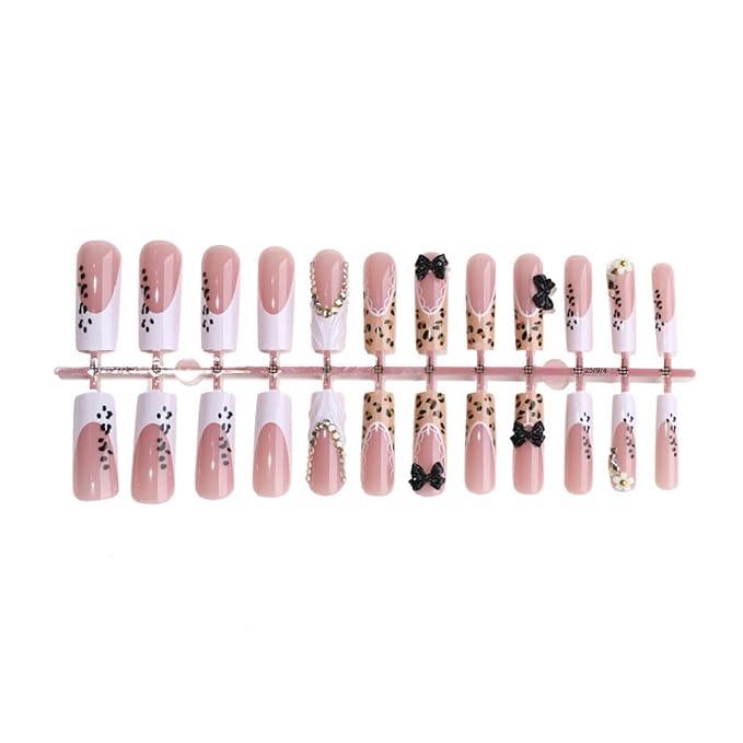 Long Square Press on Nails Leopard Print Brown Fake Nails 3D White French Black Bow False Nails Party Artificial Stick on Nails for Women 24pcs