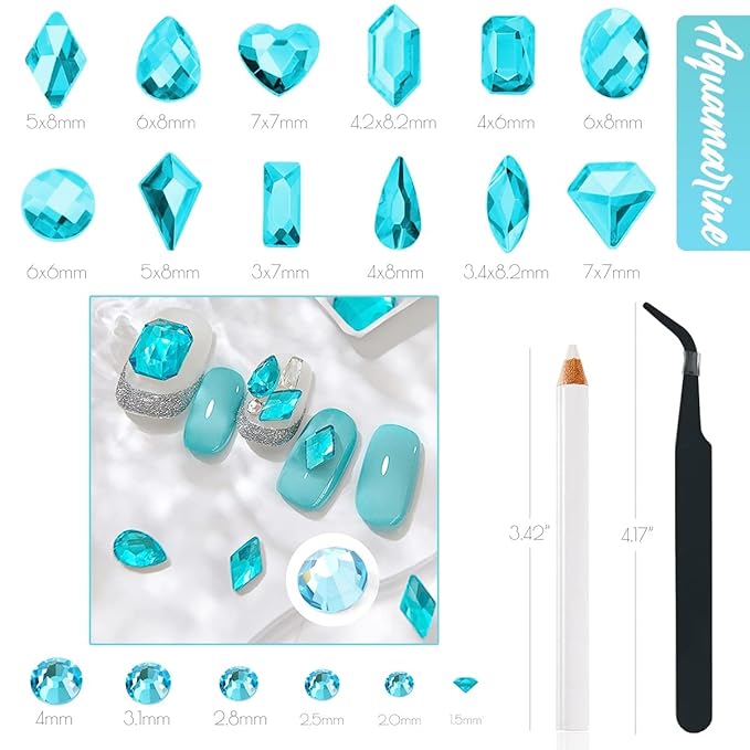 2052Pcs Aquamarine Nail Rhinestones Water Blue Diamonds 72 Multi Shapes Big Gems +1980 Flatback Round Beads K9 Glass Lakeblue Crystals Jewels Nail Art Charms for Nails Faces Eyes Makeup Women