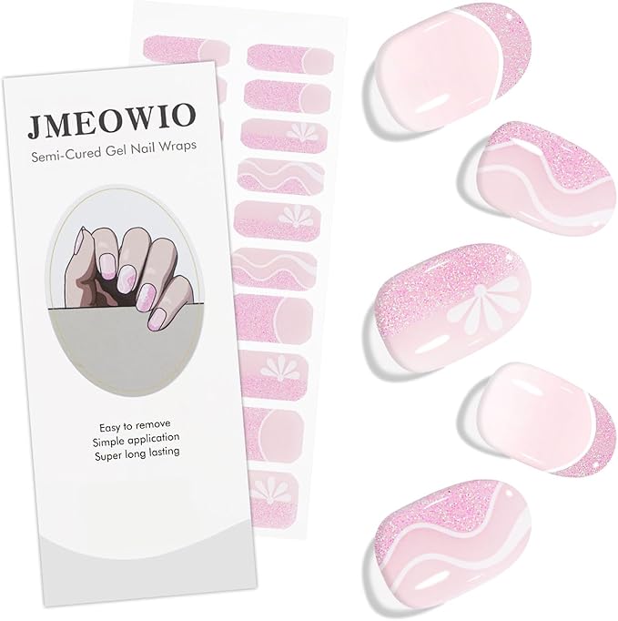 JMEOWIO Gel Nail Stickers Pink Glitter White Flower French Tip Semi Cured Gel Nail Strips Wraps UV/LED Nails Art Design Decoration Accessories