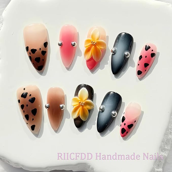 Medium Almond Press on Nails Luxury Handmade Nails with Glue,Tropical Flower Art False Nails with Leopard Print Design Handmade Nail Press ons Muti-Layer Gel Fall False Nails for Women (Size S)