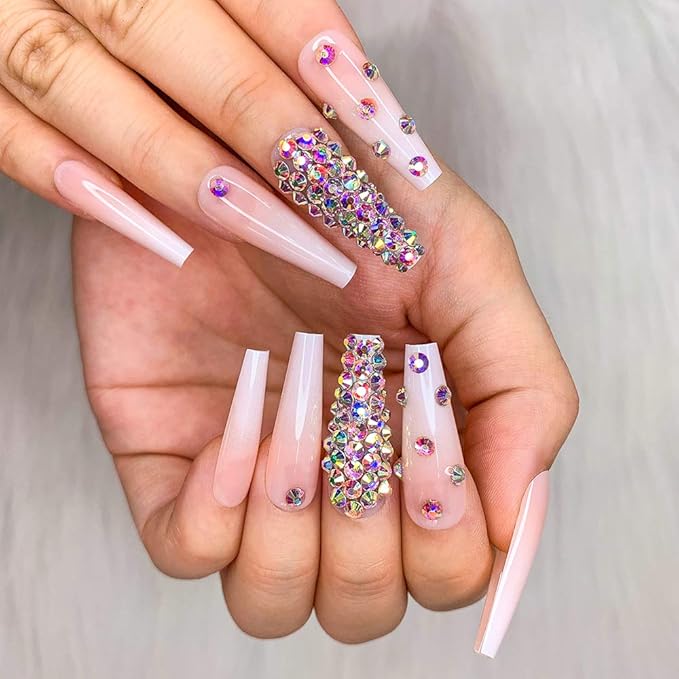 Artquee 24pcs French Nude White Ballerina Diamond Long Glossy Coffin Flash Fake Nails Press on Nail False Tips Manicure for Women