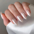 White Press on Nails - Medium Almond Fake Nails - with Designs Pearl White False Nails Press ons - Glue on Nails Chrome - Cute Acrylic Nail Artificial Stick on Nail for Women 24Pcs