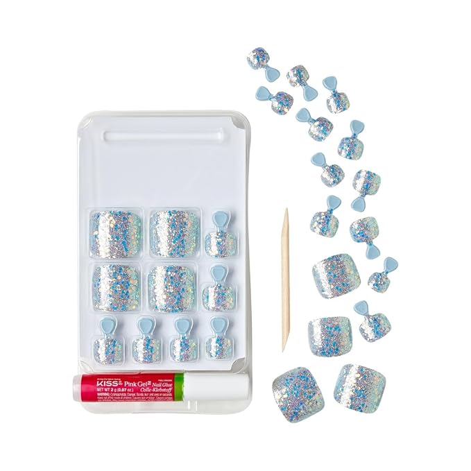 GoldFinger Press On Toenails Kit Wider Fit, Shine Glazed Glitter Metallic Sprinkle Color Fake Toenail, Ready to Wear Gel & Manicure Stick, Mini Glue included, Long-Lasting Convenient & Easy to Apply