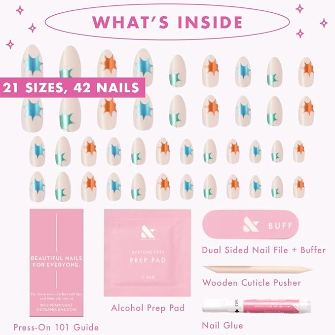 Olive & June Maximalist Instant Mani Press-On Nails (Glue) | 42 Fake Nails, 21 Sizes | Non-Toxic, Long-Lasting Big, Bold Gorgeous Realistic Look | Salon-Quality at Home | Medium, Almond | Chrome Burst
