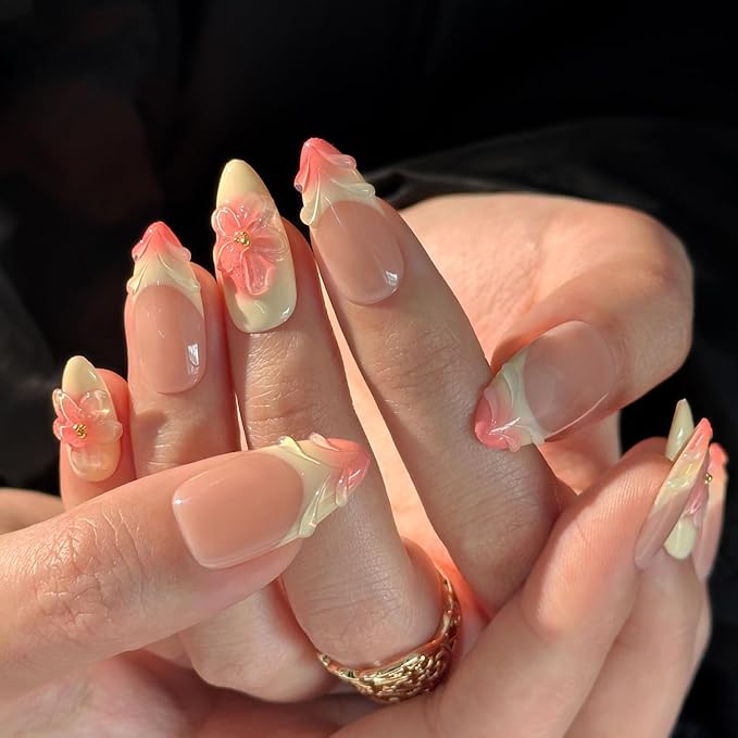 Ligth Yellow Press on Nails Medium Almond Handmade Nails with Glue,Handmade False Nails French Tip Nail Press ons 5D Flower Art Design Muti-Layer Gel Nail Luxury False Nails for Women (Size M)