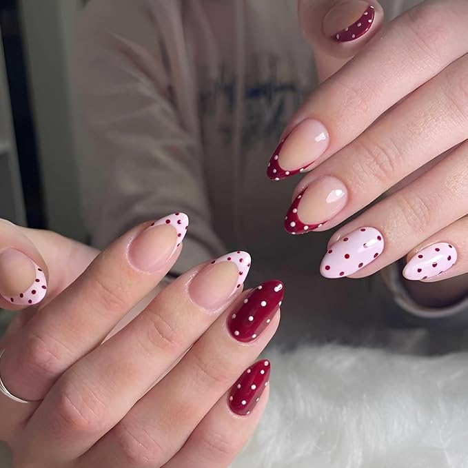 30Pcs Polka Dot Press on Nails Medium Almond Fake Nails French Tip Nails Press Ons Glossy False Nails Pink Red Glue on Nail Polka Dot French Tip Stick on Nail for Women Decoration Set
