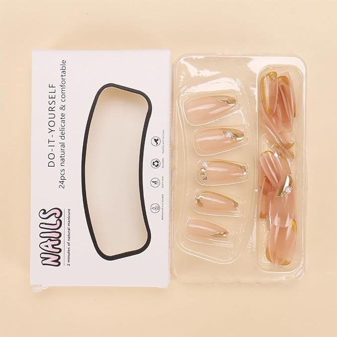 24Pcs Chrome Gold Press on Nails Medium Almond Fake Nails French Tip Full Cover Glue on Nails with Pearls Rhinestones Design False Nails Glossy Reusable Acrylic Nails for Women Girls DIY Decoration