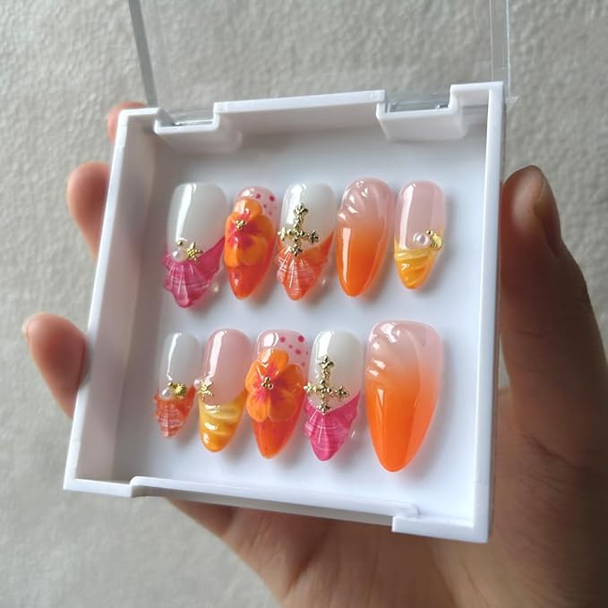 Press On Nails - French Tips Almond Handmade Unique Fake Nails, Orange and Pink Pairing, Thick Acrylic and Muti-Layer Gel False Nails, Reusable Gel Cured Sturdier 3D Fake Nails Set (Size S)