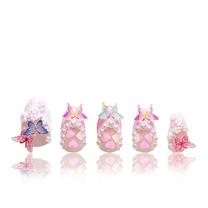 LOVFUL Press on Nails Tipsy Butterfly | Handmade with Full Covered Crystals | Reusable Fake Nails | Almond Regular 1.0 in | H184-S