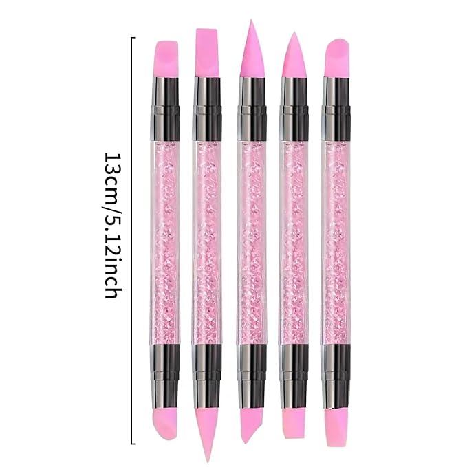5Pcs Double-Ended Silicone Nail Art Brushes, Dual-Tip Dotting & Sculpting Tools for Gel Polish, 3D Nail Art, Embossing & Manicure Clean Up-Pink