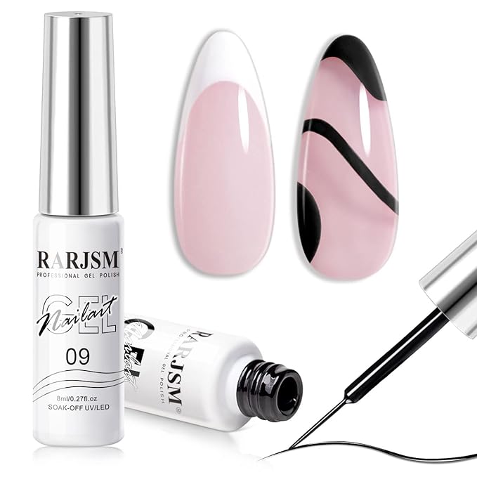 RARJSM Nail Art Gel,Liner Gel Polish,Black White Nail Design Polish Painted GelNailPolish Set 2Pcs Soak off Curing Requires 8ml Build in Thin Brush for Home Salon Diy Nails French Manicure Painting