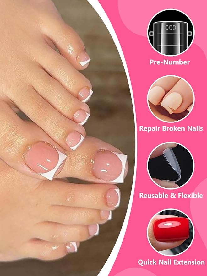 Poly Gel Toe Nail Form Set, EBANKU Reusable Toenails Dual Forms for Nail Extensions, Poly Gel Toe Nail Tips Pre-designed French Line Salon Home DIY Nail Art Supplies - 15 Sizes 150PCS