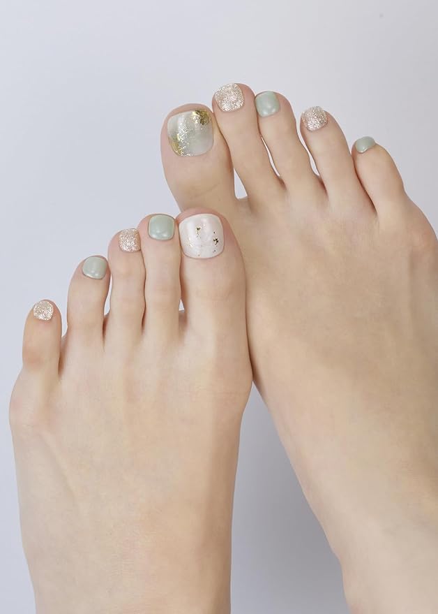 ohora Semi Cured Gel Pedi Strips (P Komorebi) - Green, White, Works with Any UV/LED Lamps, Salon-Quality, Long Lasting, Easy to Apply & Remove - Includes 2 Prep Pads, Nail File & Wooden Stick