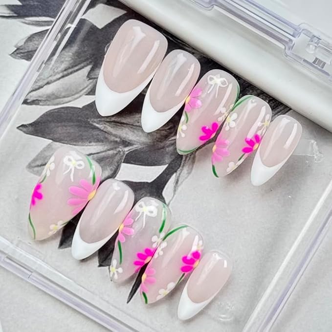 100% Handmade Press on Nails Medium Almond Handmade Nails with Pink Flower Design White French Tip Fake Nails Floral Nail Press ons Reusable Acrylic Spring Summer Nail for Women Size M 10Pcs