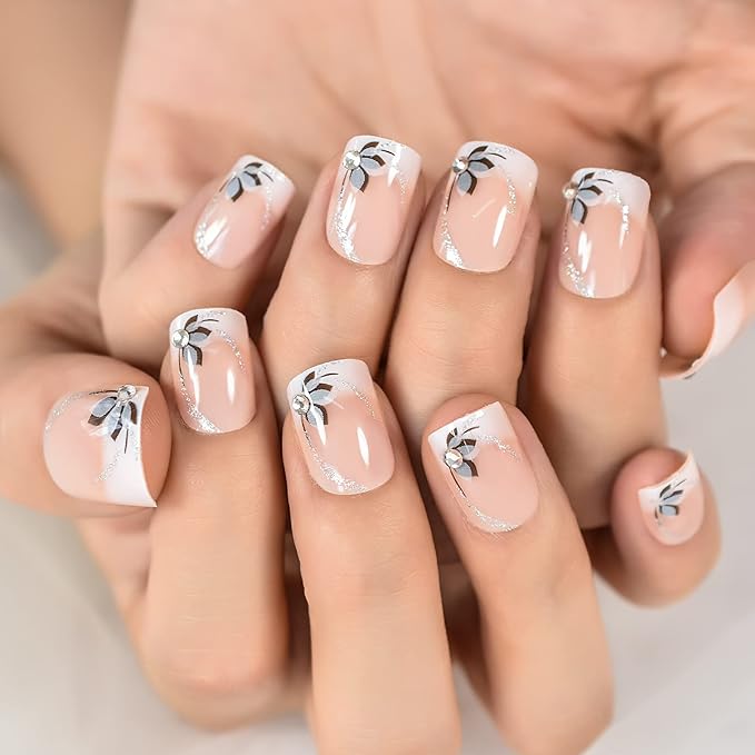 EchiQ Flowers Short Round Press On Nails, Natural Design, Gel Polish DIY, Diamond Nude Base, Swirls Glitter Sequins Shimmer Solid Color Glossy Fake Nails Women Girls