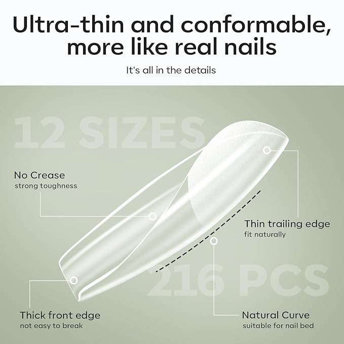 modelones Medium Coffin Gel Nail Tips Kit, 9-in-One Nail Glue with Portable U V Lamp 216Pcs 12Sizes Pre-Etched Press ons Fake Acrylic Extension Kit DIY Salon Gift for Women