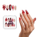 Ruby Red Handmade Press On Nails 10pcs Set, 3D Floral Sculpted Almond Tips with Gold Rose & Star Charms, Deep Jelly Wine Red Gradient Art for Romantic Date Night & Valentine’s Day – Appife
